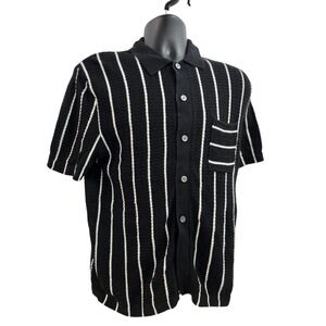 H&M Men's Small Knit Button Up Shirt Black White Vertical Striped Textured Retro